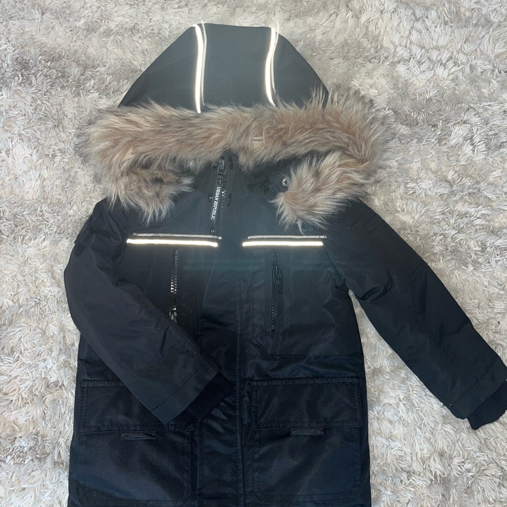 Black Hooded Coat with Faux Fur Trim